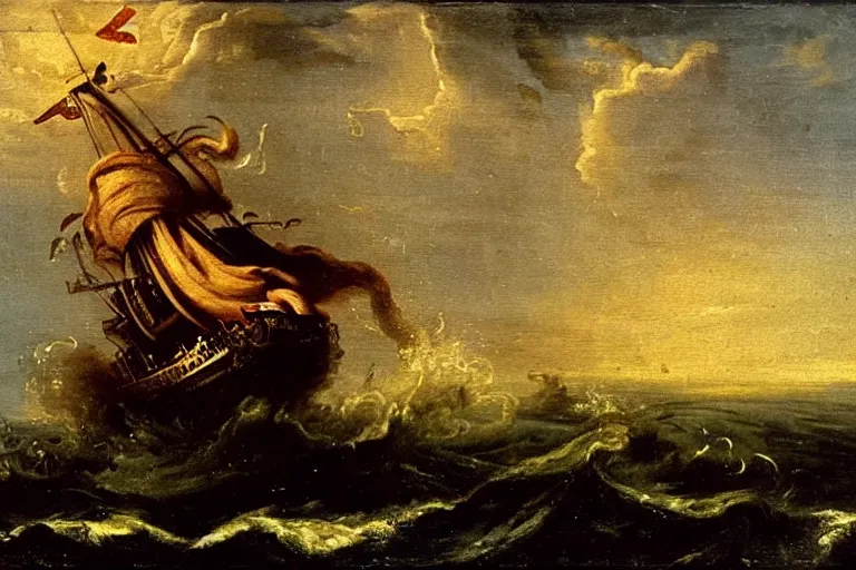 Image similar to A Kraken attacks a ship, Claude Lorrain (1648), oil on canvas, detailed brushstrokes