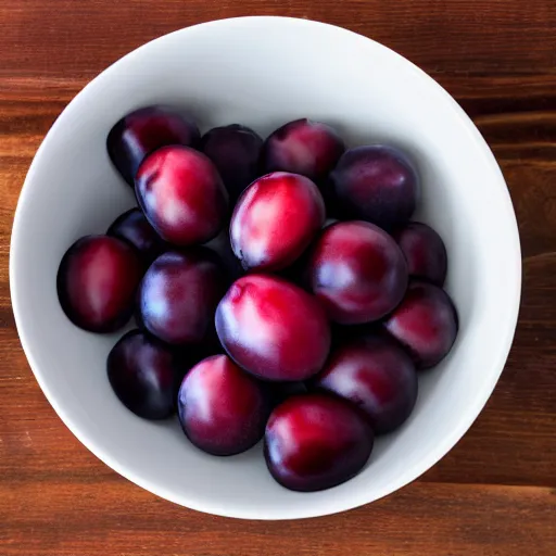 Image similar to a thick porcelain bowl filled with six large moist freshly picked plums on a wooden table. volumetric lighting. 4 k. small scale.