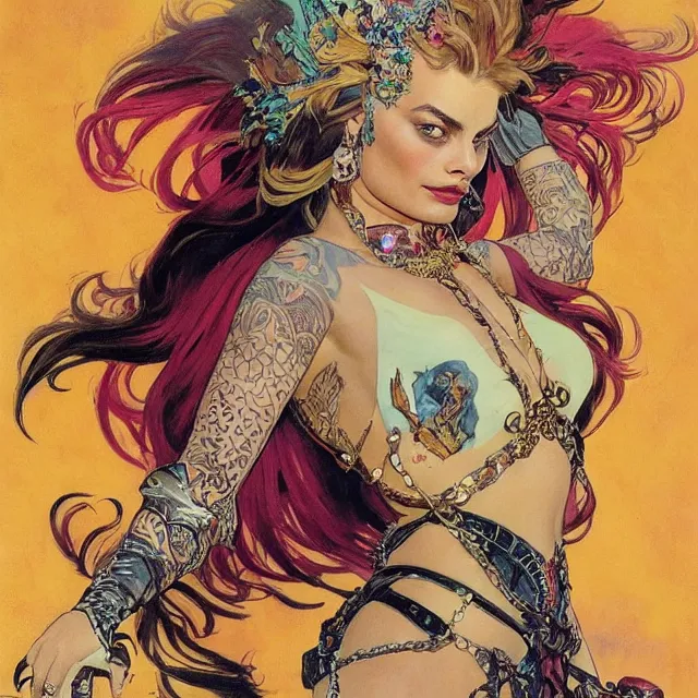 Image similar to an aesthetic!, a detailed portrait of margot robbie dressed as a leather - bound, tattooed, punk - rock princess with a flaming mohawk, by frank frazetta and alphonse mucha, oil on canvas, bright colors, art nouveau, epic composition, dungeons & dragons, fantasy art, concept art, god rays, ray tracing, crisp contour lines, huhd - 8 k