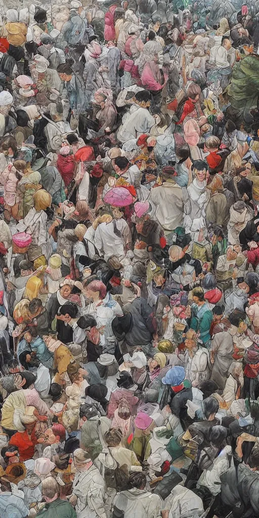 Image similar to oil painting scene crowd from blooming garden by kim jung gi