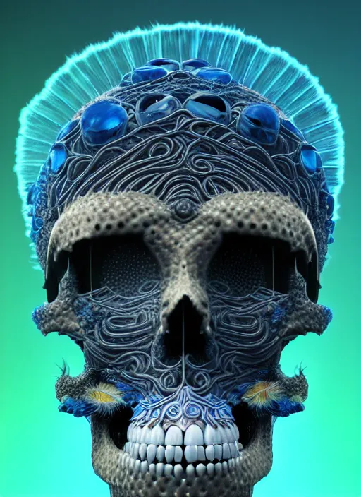 Image similar to 3 d shaman profile portrait, sigma 5 0 0 mm f / 5. beautiful intricate highly detailed quetzalcoatl skull and feathers. bioluminescent, plasma, lava, ice, water, wind, creature, thunderstorm! artwork by tooth wu and wlop and beeple and greg rutkowski, 8 k trending on artstation,