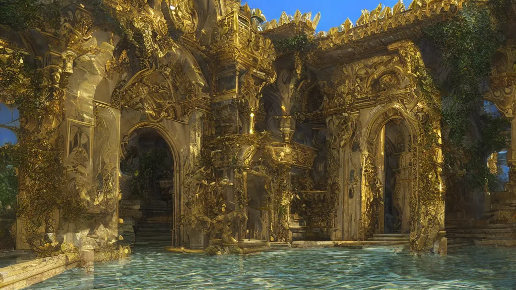 Image similar to entrance of a fabulous marble and gold castle in the sun, surrouoded with mystical gardens, magic clear water, james gurney, unreal engine, artstation