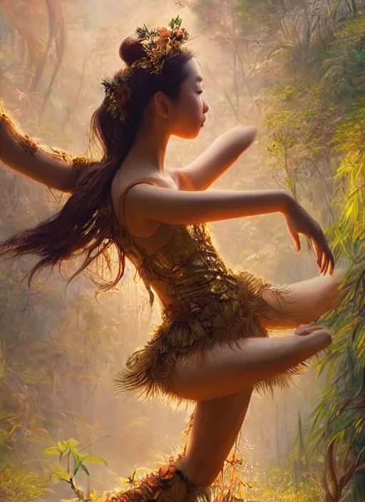 Prompt: stunningly beautiful, asian prima ballerina in jungle, golden hour, smooth, focus, highly detailed, hyper realistic, dramatic lighting, elegant, intricate, concept art, art by wlop, mars ravelo, greg rutowski
