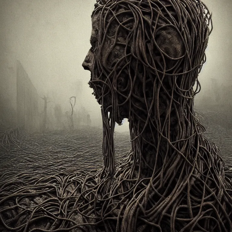 Image similar to still life of ribbed abandoned man faceless portrait, covered with roots, wires, tubes, standing in a desolate empty wasteland, creepy, nightmare, dream-like heavy atmosphere, surreal abandoned buildings, baroque painting, beautiful detailed intricate insanely detailed octane render trending on Artstation, 8K artistic photography, photorealistic, chiaroscuro, Raphael, Caravaggio, Beksinski, Giger