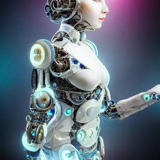 Image similar to beautiful Fine art photo portrait of enraptured Morgan Lee as a solarpunk robotic goddess, white mechanical parts with led lights, photorealistic, white background, highly detailed and intricate, sunset lighting, HDR 8k