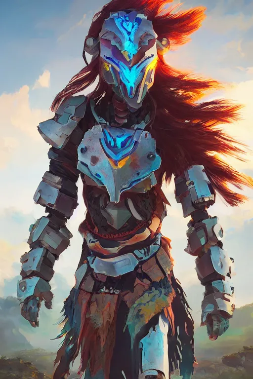 Image similar to combination suit armor aloy horizon forbidden west horizon zero dawn radiating a glowing aura global illumination ray tracing hdr fanart arstation by ian pesty and alena aenami artworks in 4 k tribal robot ninja mask helmet backpack