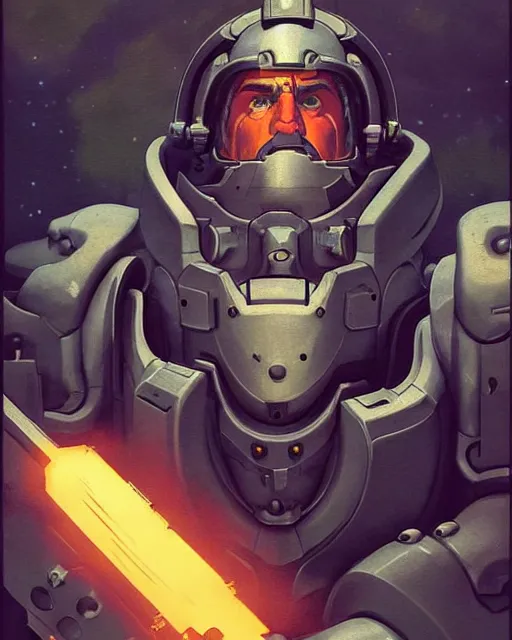 Prompt: reinhardt from overwatch, character portrait, portrait, close up, concept art, intricate details, highly detailed, vintage sci - fi poster, retro future, in the style of chris foss, rodger dean, moebius, michael whelan, and gustave dore
