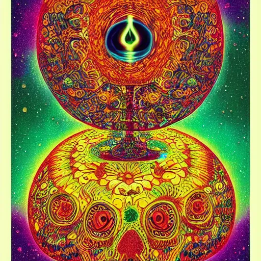 Prompt: dia de los muertos lamp in a quantum wormhole, juxtapoz, artforum, james eads