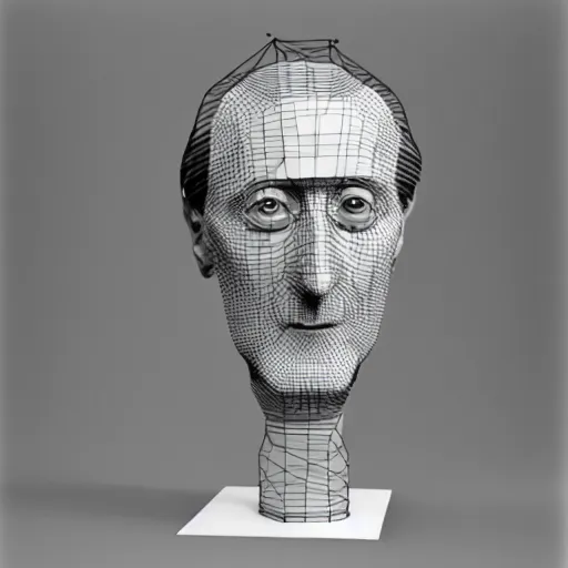 Image similar to Marcel Duchamp holding a low poly wireframe mesh model of a chess piece, blender, 35mm film