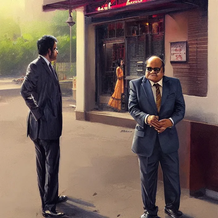 Prompt: a tall indian man in a suit and danny devito outside a bar, elegant, real life skin, intricate artwork, high detailed, artstation, concept art, smooth, sharp focus, art by artgerm and greg rutkowski