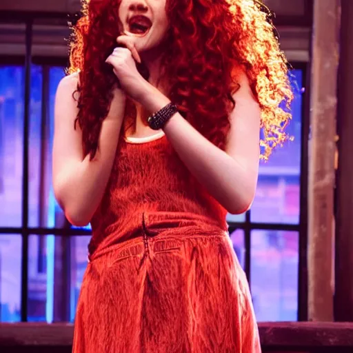 Image similar to a beautiful girl with long curly red hair on a singing on broadway stage