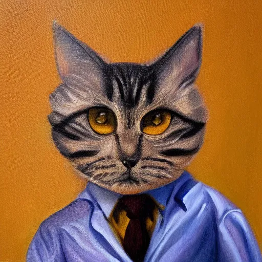 Prompt: oil painting of a bipedal cat in suit,