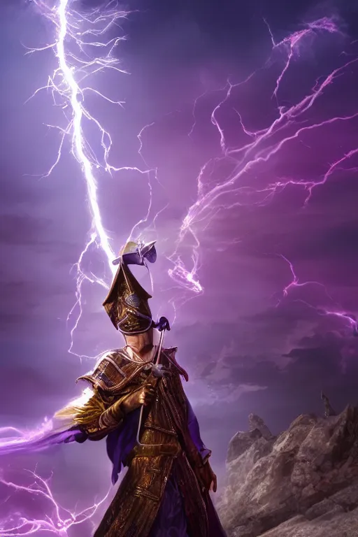 Image similar to hyper realistic wizard holding a sword that’s pointed towards the sky, getting shocked by purple lightning, standing on a mountaintop, octane, trending on artstation, hyper realistic, highly detailed, amazing depth of field, 8k