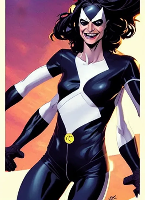 Prompt: Rafeal Albuquerque comic art, Joshua Middleton comic art, pretty female completely white skin black mark over left eye Phoebe Tonkin as Domino superhero X-MEN comics, black spot over left eye, fun smile, full body x-force outfit, long wavy black hair:: sunny weather::