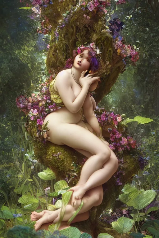 Image similar to Curvaceous fairy goddess sitting on a vivid flower in a lush green forest, Mark Arian, Alphonse Mucha, highly detailed, intricate, dynamic lighting, ambient lighting, octane render, 8k