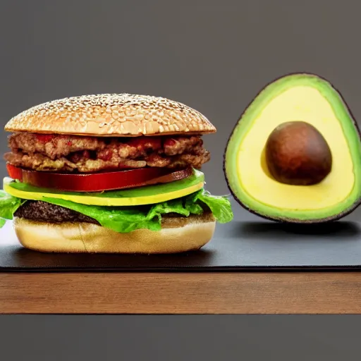 Image similar to a hamburger with 2 kilograms of avocado, 8 k resolution, amazing food photography