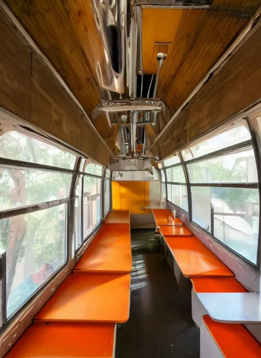 Image similar to interior design of a schoolie, mid - century modern converted school bus interior design by philippe starck and victoria hagan, detailed digital photography by rutkovski and beksinski, masterpiece, gorgeous, 4 k
