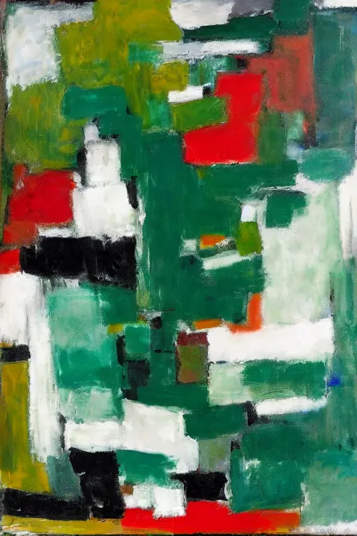 Image similar to an abstract expressionist painting with big broad strokes, colors are emerald green, vermillion, white and black