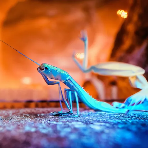 Prompt: cinematic photo of a beautiful albino praying mantis lit with saturated split colour blue and dusty pink lighting serving drinks in a grotto restaurant