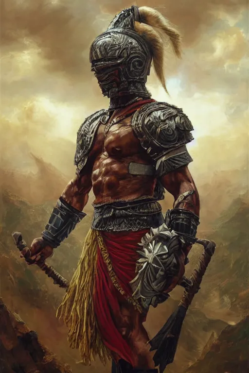 Image similar to a powerful and muscular make igbo warrior , half body portrait, blond hair, ornate armour, realistic oil painting by Thomas Cole and Wayne Barlowe and Boris Valejo