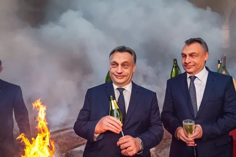 Image similar to viktor orban drinking champagne with putin in front a burning city