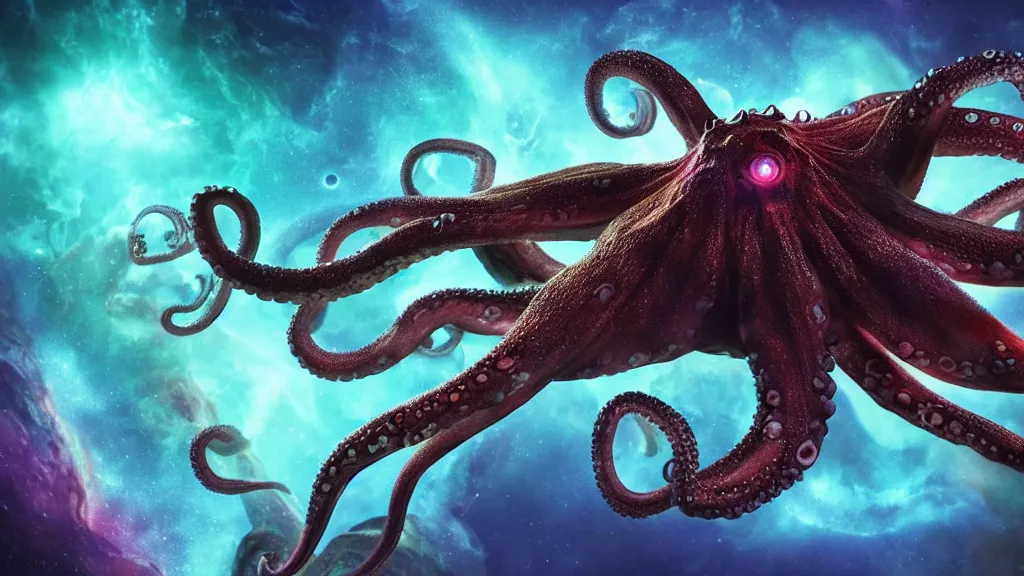 Image similar to octopus spider hybrid on a planet. close bottom view. whole body. nebula background. cinematic composition. cinematic lightning. ultra realistic. 8 k. highly detailled. deep space. ultra realistic details. cinematic atmosphere. studio lighting. shadows. dark background.