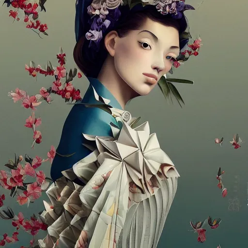 Image similar to 3 / 4 view of a beautiful girl wearing an origami dress, eye - level medium shot, fine floral ornaments in cloth and hair, hummingbirds, elegant, by eiko ishioka, givenchy, edward hopper, by peter mohrbacher, centered, fresh colors, origami, fashion, detailed illustration, vogue, high depth of field, japanese, reallusion character creator