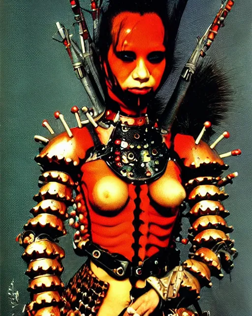 Image similar to portrait of a skinny punk goth yayoi kusama wearing armor by simon bisley, john blance, frank frazetta, fantasy, thief warrior, bauhaus brutalist