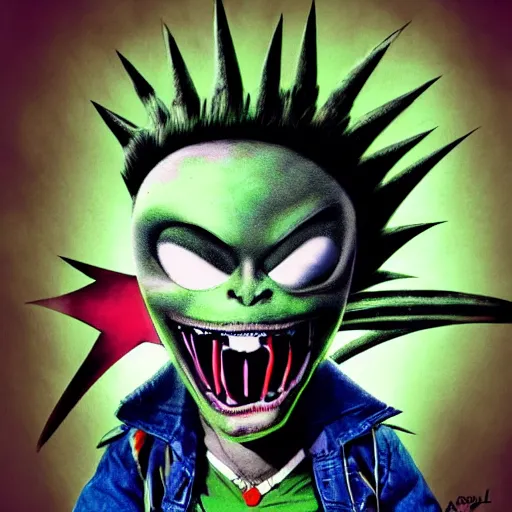 Image similar to a punk rock rapper alien with black spiked hair enraged, an airbrush painting by Jamie Hewlett, cgsociety, symbolism, antichrist, aesthetic, 8k