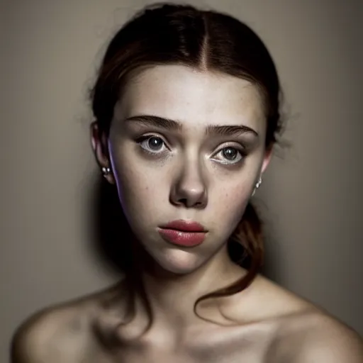 Image similar to dramtically lit, high quality studio photo of a girl who looks like 16-year old Audrey Hepburn and Scarlett Johansson, with parted lips and stunning, anxious eyes, wearing a silver satin gown, by Steve McCurry