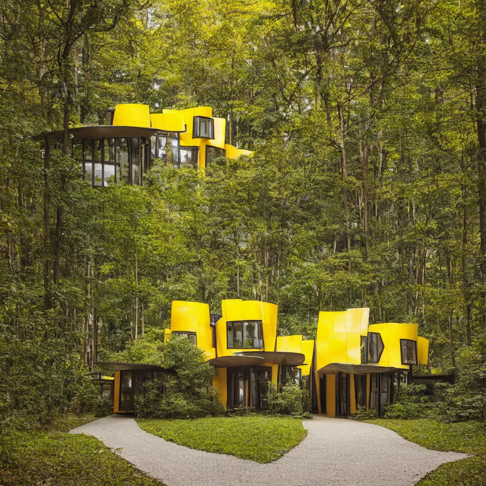 Prompt: a flat house in a light forest clearing, designed by Frank Gehry. Tiles. Gravel pathway with parking. Film grain, cinematic, yellow hue