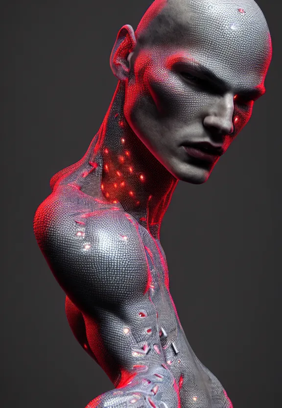 Image similar to ultra realist intricate detailed painting of a single attractive ( ( cyborg ) ) male, neon scales, model pose, art by vitaly bulgarov and nivanh chanthara, hyperrealistic, soft lighting, octane render