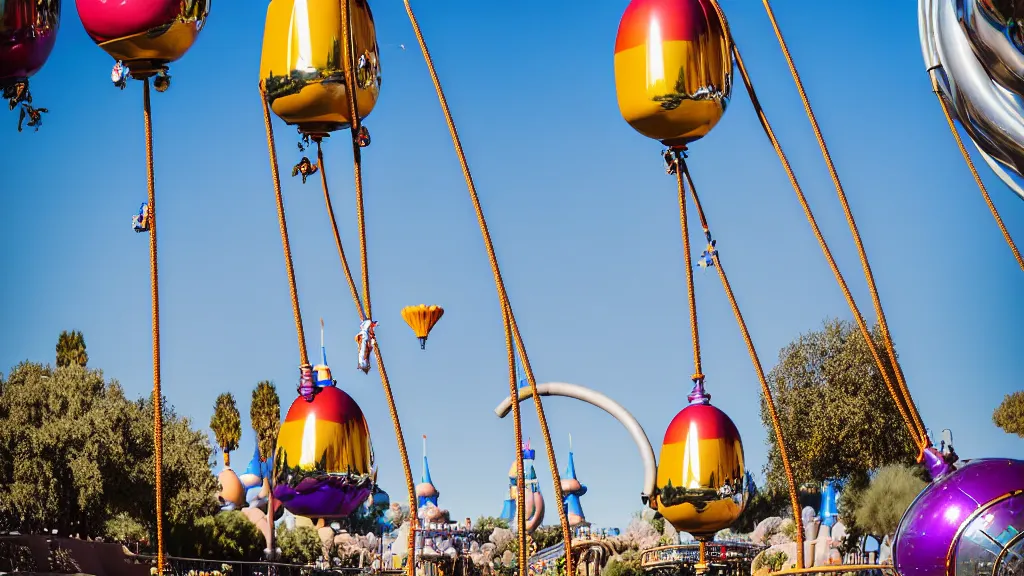 Image similar to large colorful futuristic space age metallic steampunk balloons with pipework and electrical wiring around the outside, and people on rope swings underneath, flying high over the beautiful disneyland in california city landscape, professional photography, 8 0 mm telephoto lens, realistic, detailed, photorealistic, photojournalism