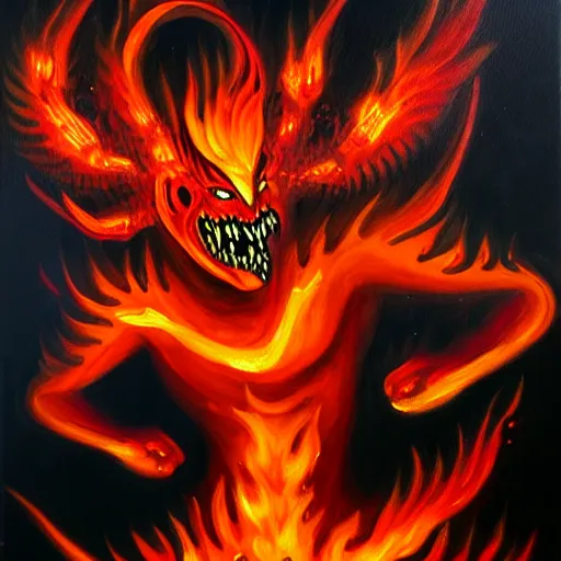 Image similar to fire demon eat human, oil painting