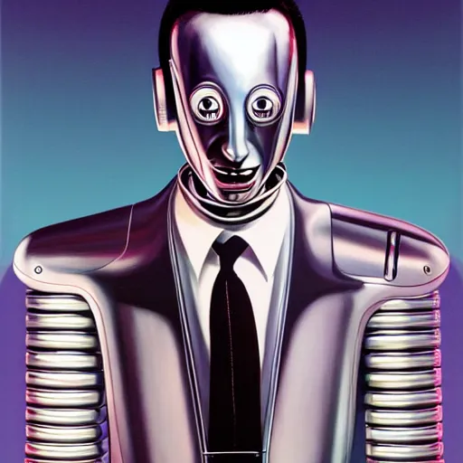 Prompt: Portrait of pee-wee herman as a chrome robot, black hair, highly detailed, digital painting, artstation, concept art, illustration, art by syd mead and hajime sorayama