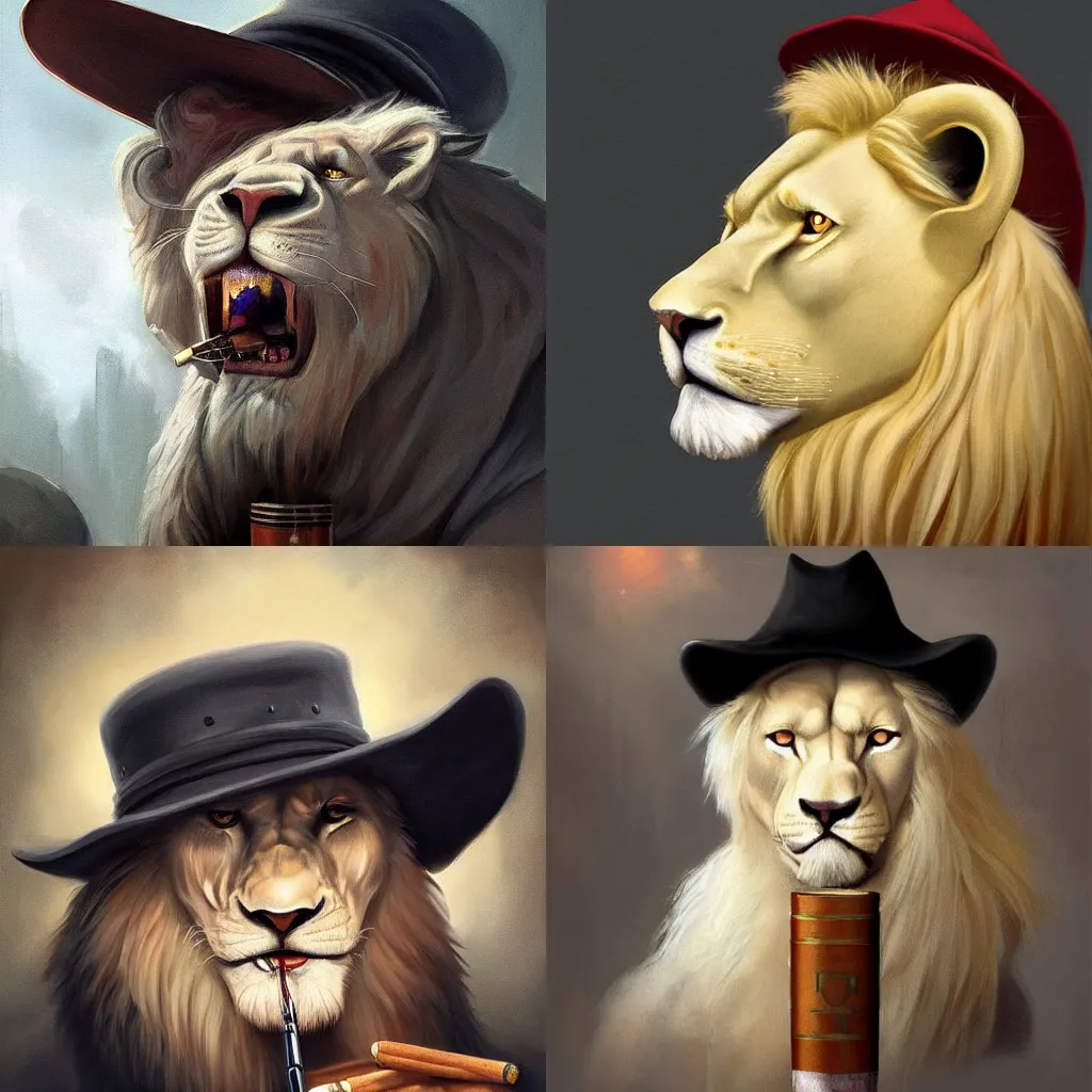 Prompt: A digital painting of a albino lion wearing a Mafia Hat while smoking a cigarre, by Stanley Artgerm Lau, frank frazetta, Rossdraws, James Jean, gerald brom, Andrei Riabovitchev, Marc Simonetti, and Sakimichan, trending on artstation, SFW version