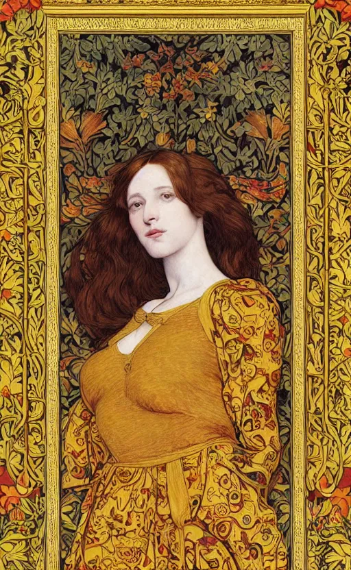 Image similar to full body reclining masterpiece of preraphaelite portrait photography, brown hair fringe, yellow ochre ornate medieval dress, william morris and kilian eng and mucha, framed, 4 k