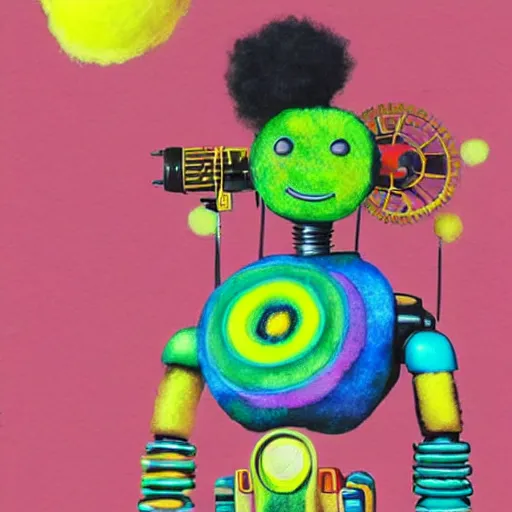 Prompt: a black girl with a colorful afro and rainbow eyes and her steampunk robot, bright colours, bokeh!! watercolor, volumetric wool felting, macro photography, children illustration, by goro fujita