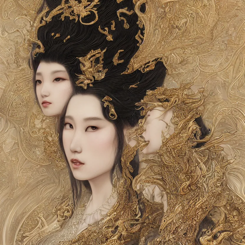 Image similar to amazing exquisite matte painting, close - up portrait of a chinese white loong, sacred,, shimmer, exquisite detail huge details, gold detailed line work, by xision and yukii morita,, james jean, trending on artstation