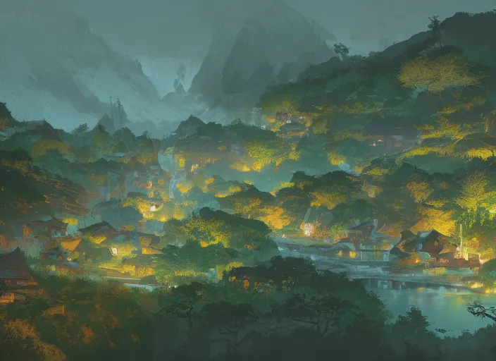 Image similar to concept art painting of a distant small woodland village by a river in a mountain valley seen from above, midnight, european japanese buildings, cel shaded, realistic, by makoto shinkai and moebius and anton fadeev and greg rutkowski and james gurney