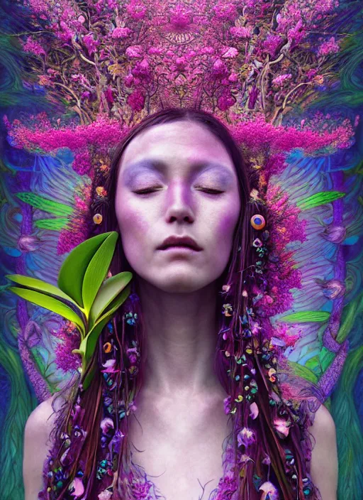 Prompt: psychedelic organic shaman, made of orchids and cherry blossom trees and seashells, diffuse lighting, fantasy, intricate, subconscious, highly detailed, photorealistic, digital painting, artstation, beautiful woman, concept art, smooth, sharp focus, by john collier and albert aublet, by amanda sage