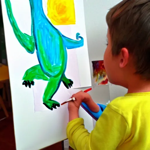 Prompt: a child's painting of a friendly dinosaur