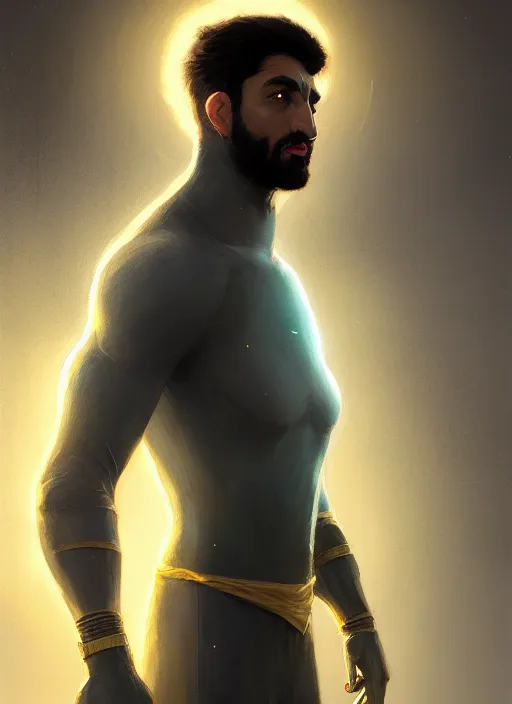 Image similar to highly detailed portrait arab man superhero, fighter, yellow charcoal, stephen bliss, 8 k, unreal engine, fantasy art by greg rutkowski, loish, rhads, ferdinand knab, makoto shinkai and lois van baarle, ilya kuvshinov, rossdraws, tom bagshaw, global illumination, radiant light, detailed and intricate environment