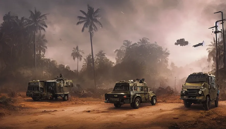 Prompt: a militarized police vehicle riding through a kerala village, troops searching the area, furious action scene, an epic fantasy, dramatic lighting, cinematic, establishing shot, extremely high detail, photorealistic, cinematic lighting, artstation, matte painting, octane render, by simon stalenhag, horizon forbidden west