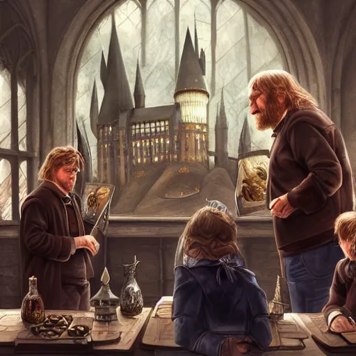 Prompt: Movie still of Gérard Depardieu as Harry Potter in a potions class at hogwarts, fantasy, highly detailed, digital painting, artstation, concept art, sharp focus, illustration, art by Tony Sart and artgerm and randy vargas