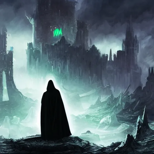 Image similar to a still of a hooded and cloaked figure in black standing in the ruins of crux prime, destroyed castle, purple and blue fiery maelstrom in the distance, digital art, artstationhq