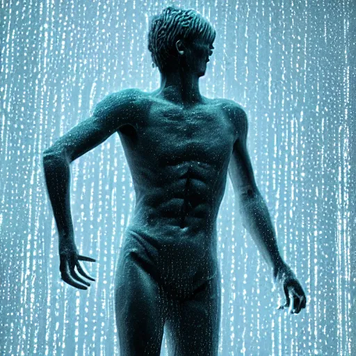 Image similar to a human sculpture made out of rain, neon light, beautiful, rendered in octane, unreal engine, realistic