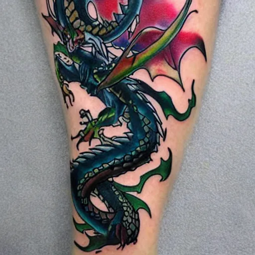 Prompt: anime manga full color dragon!! Emerald and obsidian dragon, forearm tattoo, tattoo