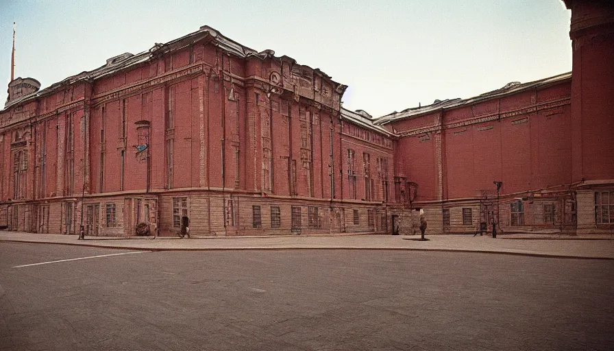 Prompt: 60s movie still of a sovietic museum stalinist style, cinestill 800t 10mm eastmancolor, by Josef Sudek, liminal Space style, heavy grain, high quality, high details, panoramic