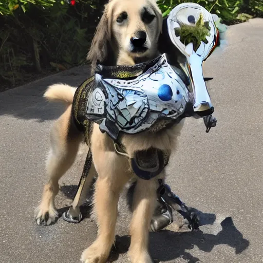 Prompt: Dog with paladin sword and shield